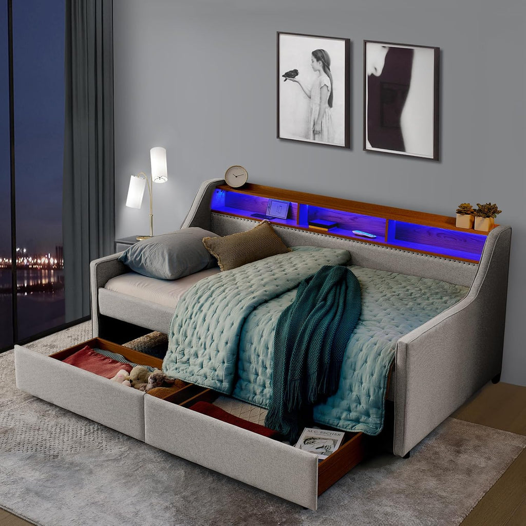 Antetek Twin Daybed with Storage Drawers & Wireless Charger, Upholstered Linen Daybed Frame with USB/Type C/LED Headboard, Modern Sofa Day Bed for Living Room, No Box Spring Needed, Beige