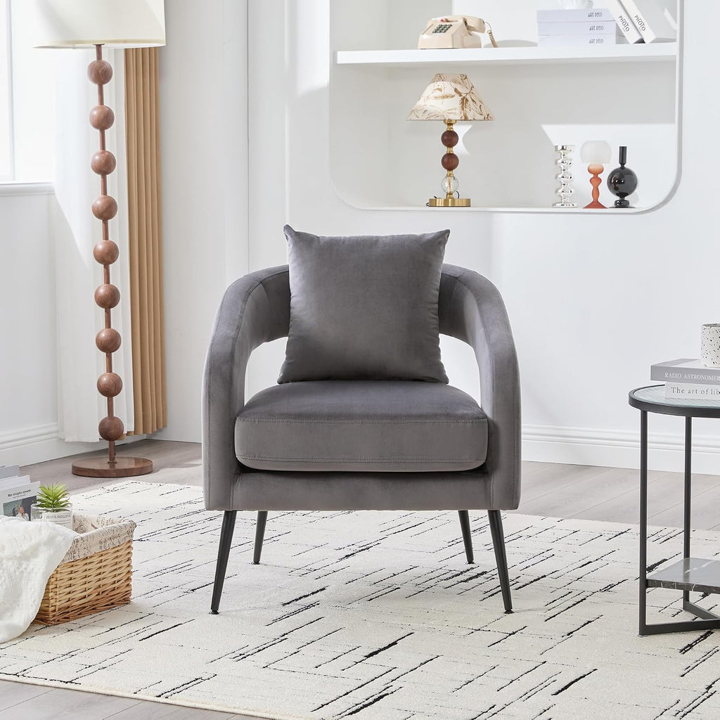 Modern Minimalist Style Open Back Accent Chair,Velvet Barrel Dining Chair with Metal Legs,Comfortable Upholstered Single Sofa for Living Room,Bedroom,Reception,Dining Room,Charcoal