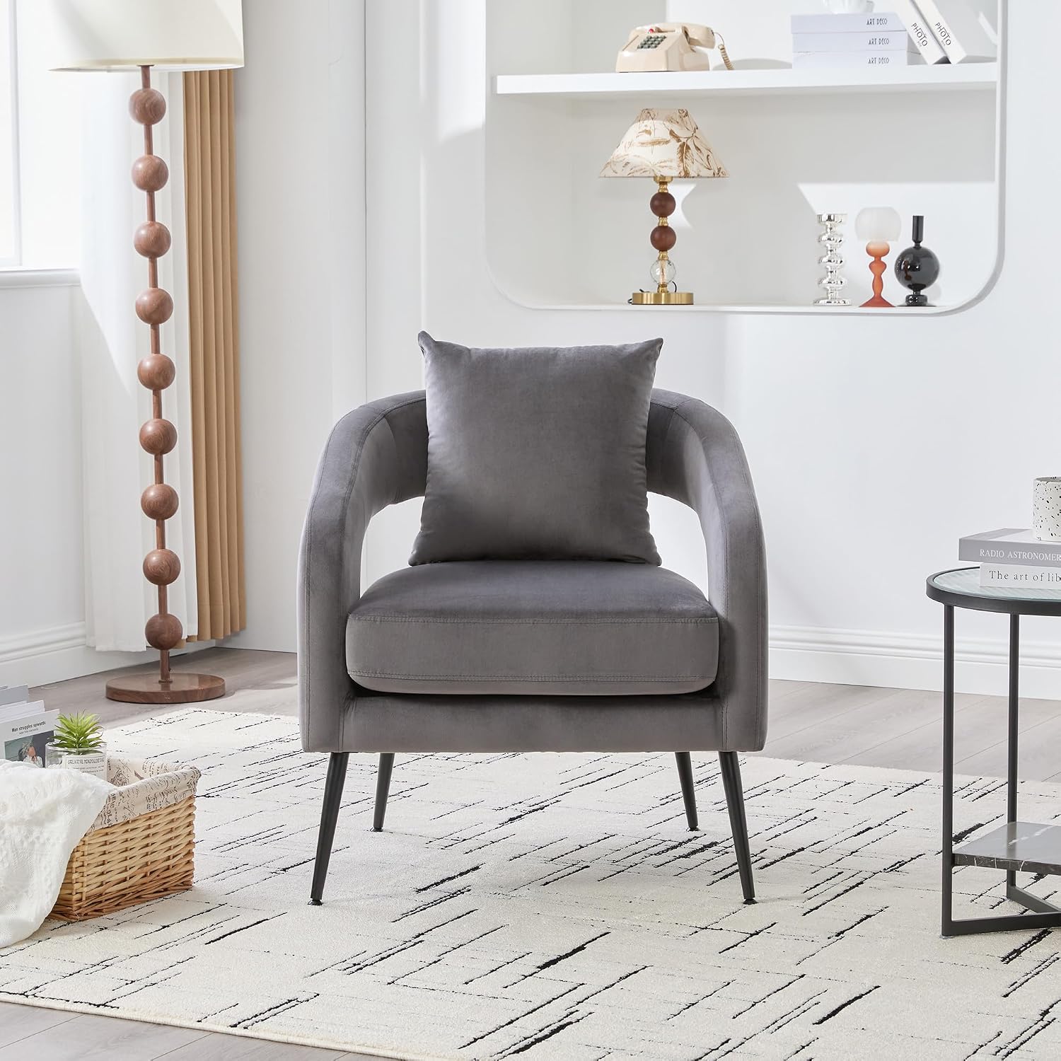 Modern Minimalist Style Open Back Accent Chair,Velvet Barrel Dining Chair with Metal Legs,Comfortable Upholstered Single Sofa for Living Room,Bedroom,Reception,Dining Room,Charcoal