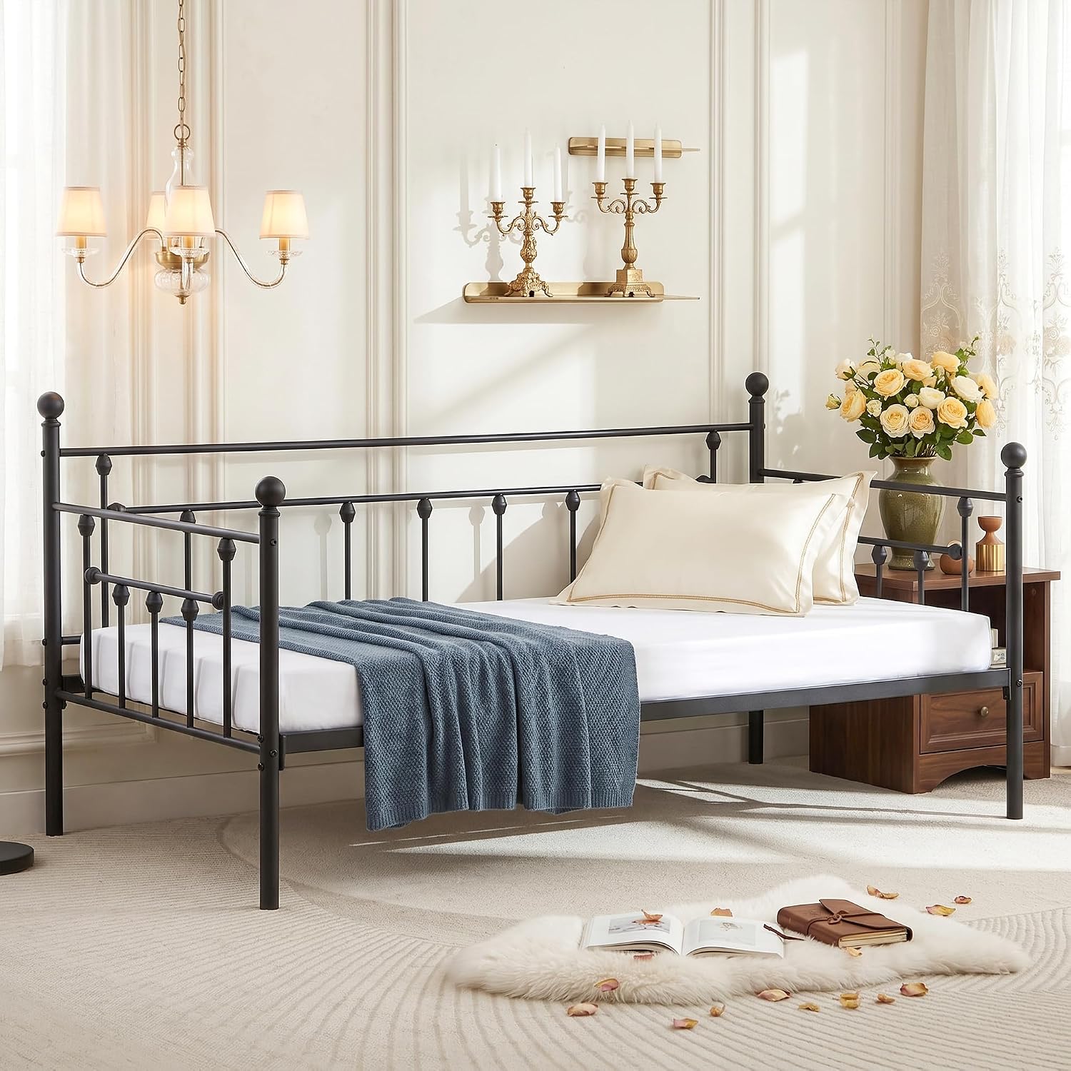 VECELO Daybed Frame, Twin Size Metal Platform Bed with Headboard,Heavy Duty Steel Slats Support for Living Room Bedroom Guest Room, Easy Assembly
