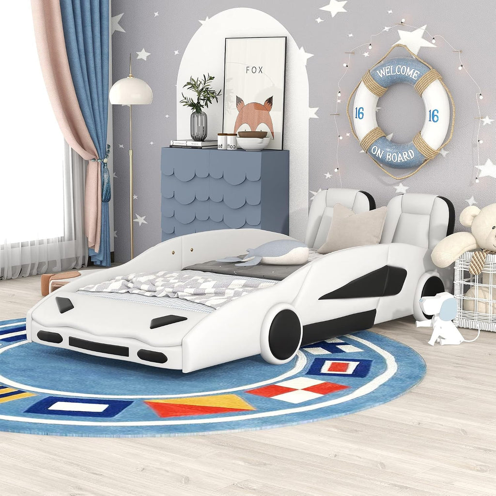 Merax Kids Twin Upholstered Day Bed Frame for Boys Girls, PU Leather Platform Bed with Race Car-Shaped Frame, No Box Spring Needed, White