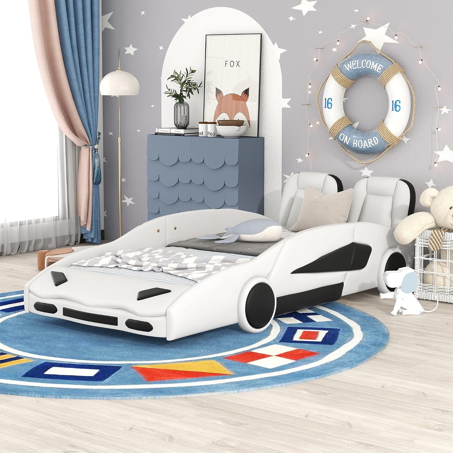 Merax Kids Twin Upholstered Day Bed Frame for Boys Girls, PU Leather Platform Bed with Race Car-Shaped Frame, No Box Spring Needed, White