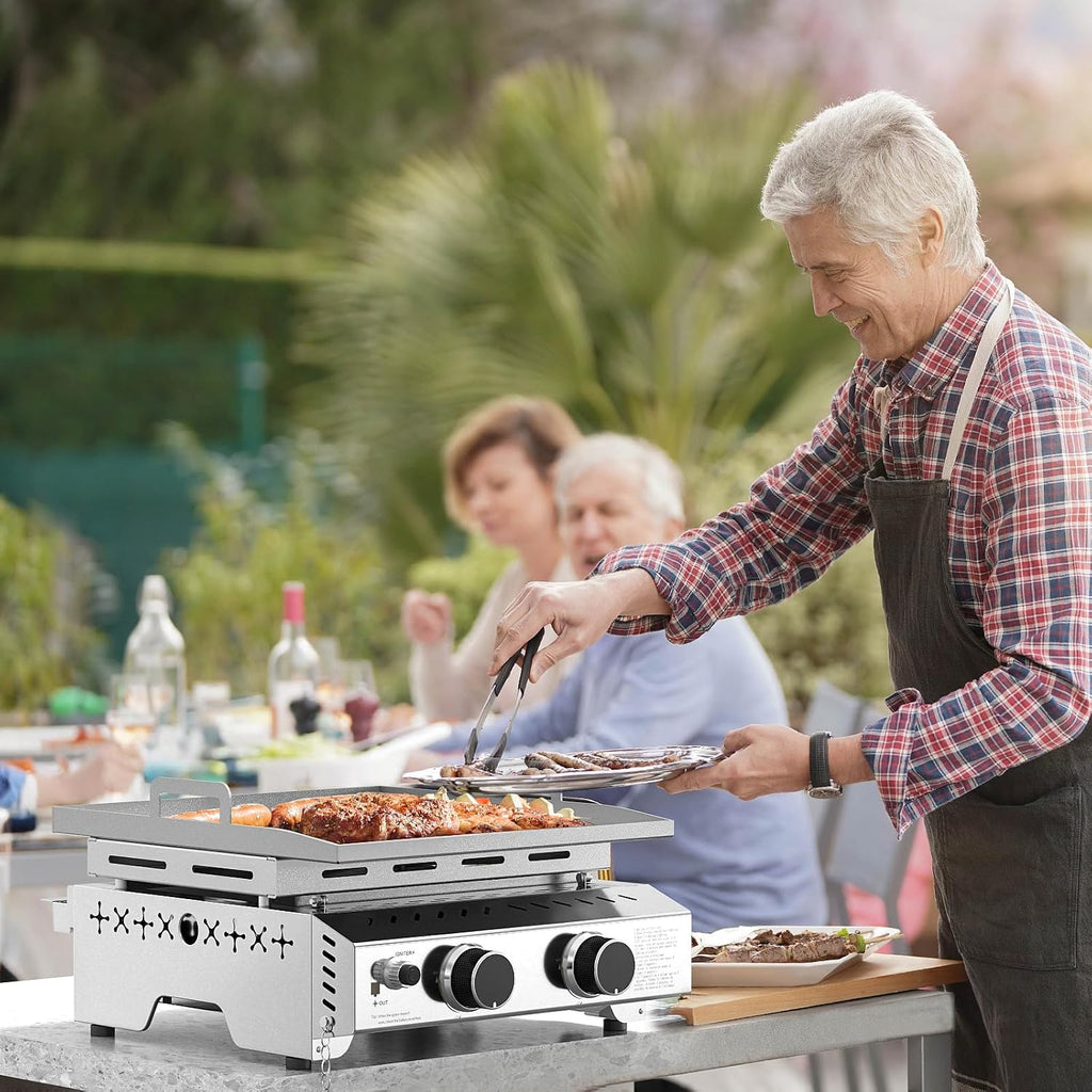 WAA Portable Propane Griddle, 16000BTU Tabletop Portable Propane Gas Grill with 2 Burners, Stainless Steel Flat Top Grill, Outdoor Cooking for Tailgating,Camping, RVs, BBQ, Patio, Silver