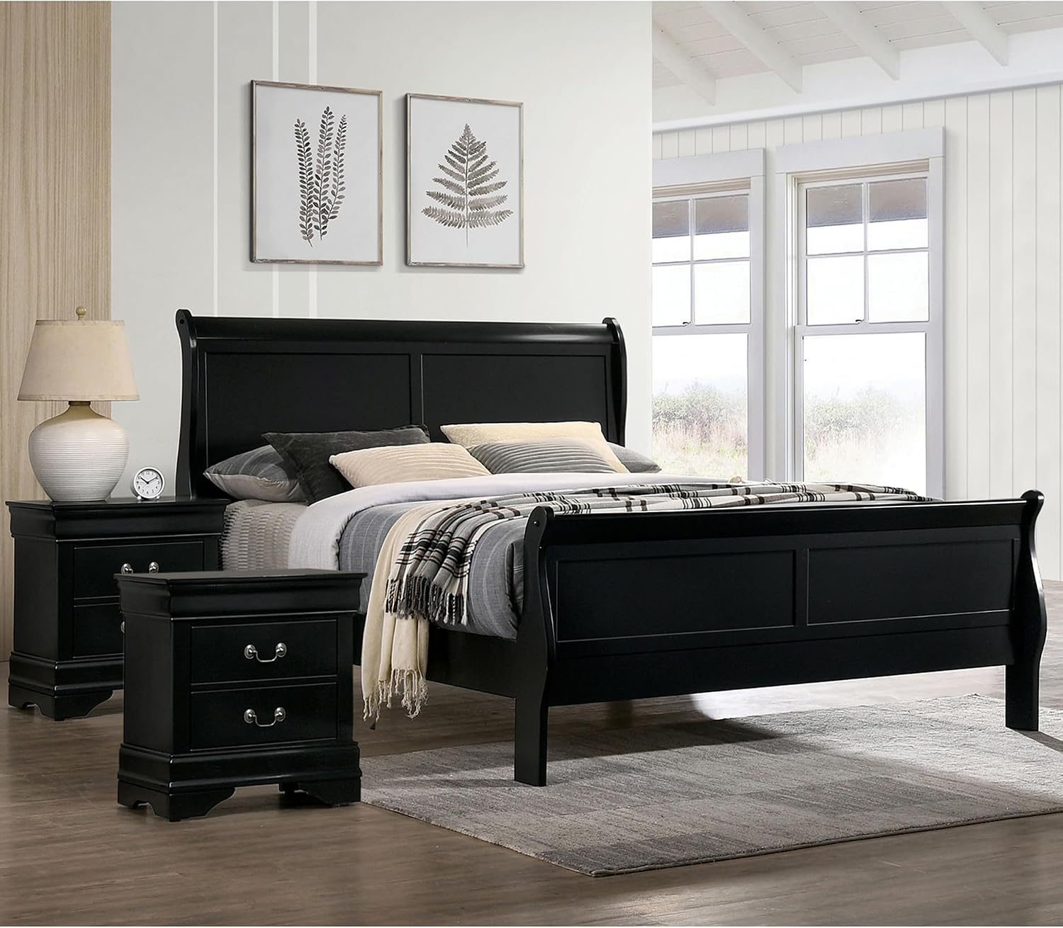 Furniture of America Hypatia Transitional Wood 3-Piece Set, Sleigh Panel Bed and 2-Drawer Nightstand for Bedroom, Queen, Black