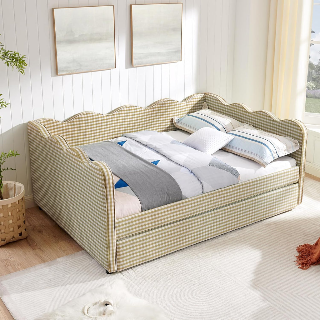 DEINPPA Full Size Upholstered Daybed with Trundle, Gingham Daybed with USB Ports for Bedroom Living Room Guest Room-Brown