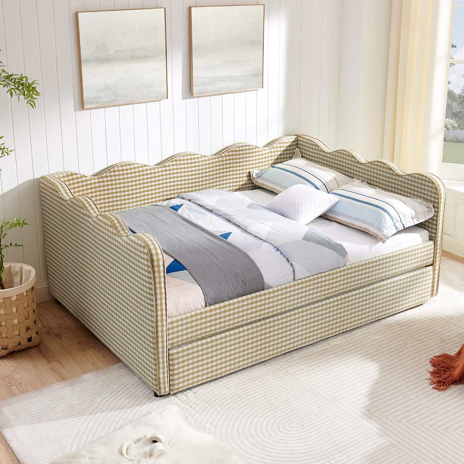 DEINPPA Full Size Upholstered Daybed with Trundle, Gingham Daybed with USB Ports for Bedroom Living Room Guest Room-Brown