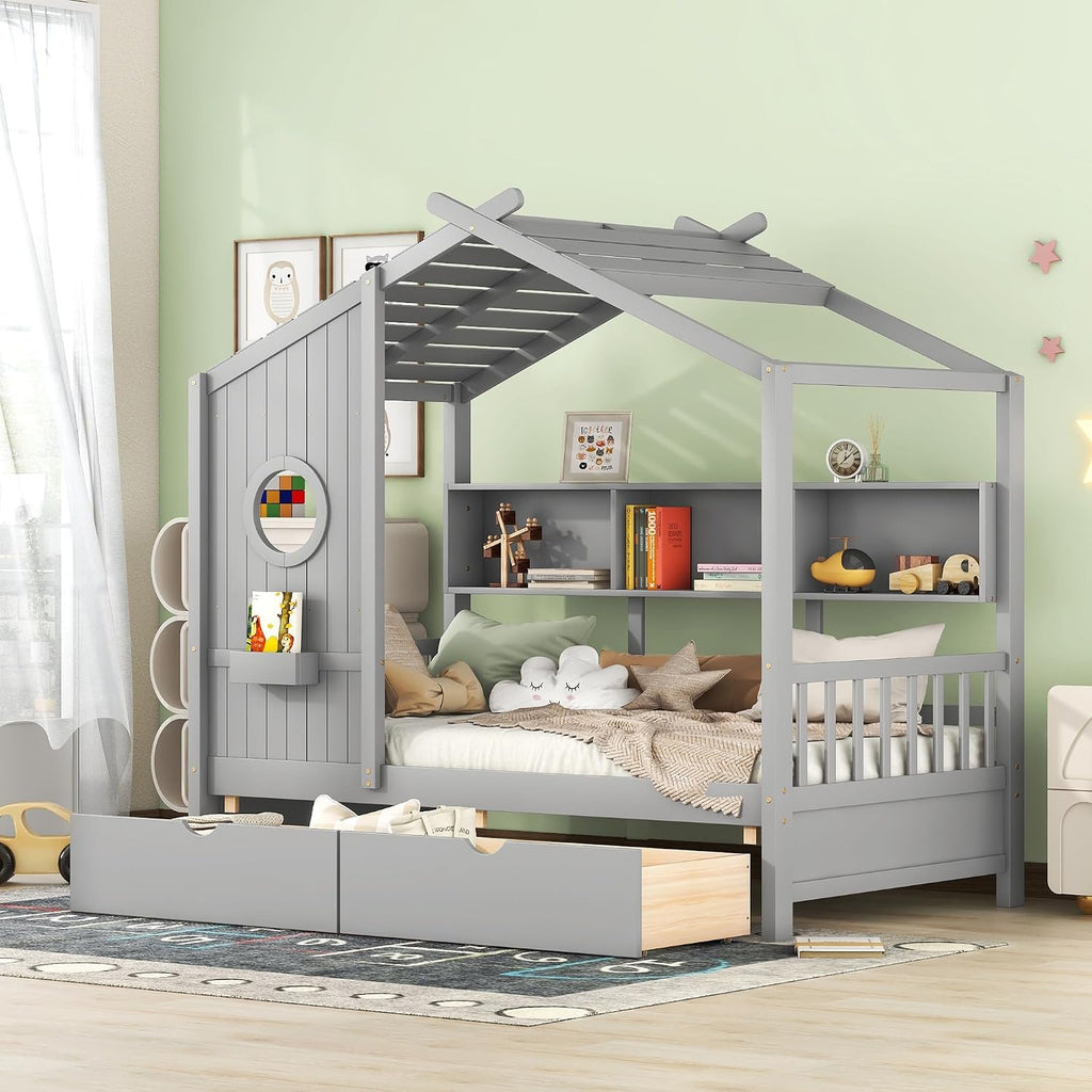 MERITLINE Twin Size Kids House Bed with 2 Drawers and Storage Shelf, Wooden Kids Montessori Bed Frame (Grey)