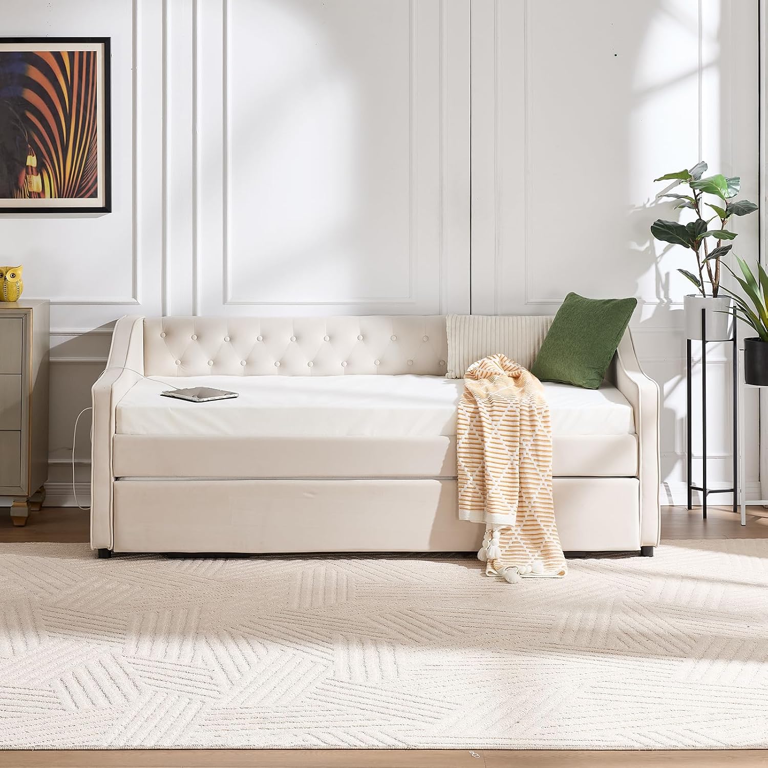 Twin to King Daybed with Trundle, USB Ports Soft Upholstered Daybed with Pop Up Trundle Bed Twin, Modern Extendable Day Bed Frame for Girls Bedroom Living Room Guest Room Small Places Champagne Beige