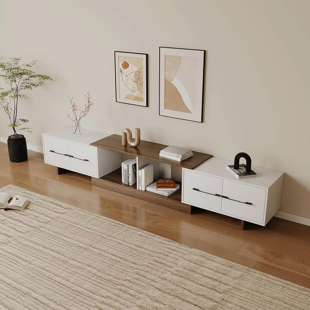 Extendable TV Stand, Modern TV Console with 4 Large Drawers and Adjustable Shelves, Entertainment Center Fits Up to 120' TV, Media Console for Living Room, Walnut & White (Extendable 74.8'-102.3')