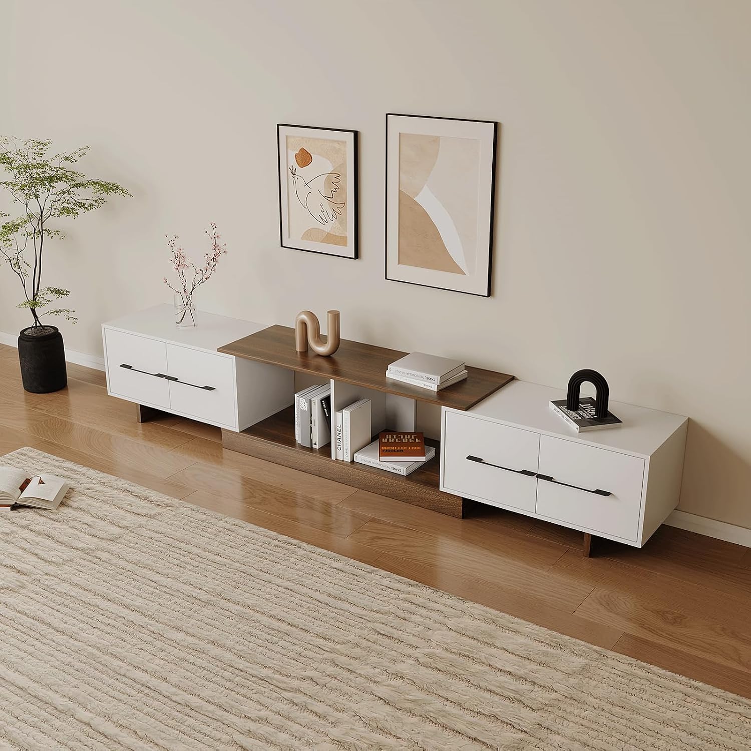 Extendable TV Stand, Modern TV Console with 4 Large Drawers and Adjustable Shelves, Entertainment Center Fits Up to 120' TV, Media Console for Living Room, Walnut & White (Extendable 74.8'-102.3')