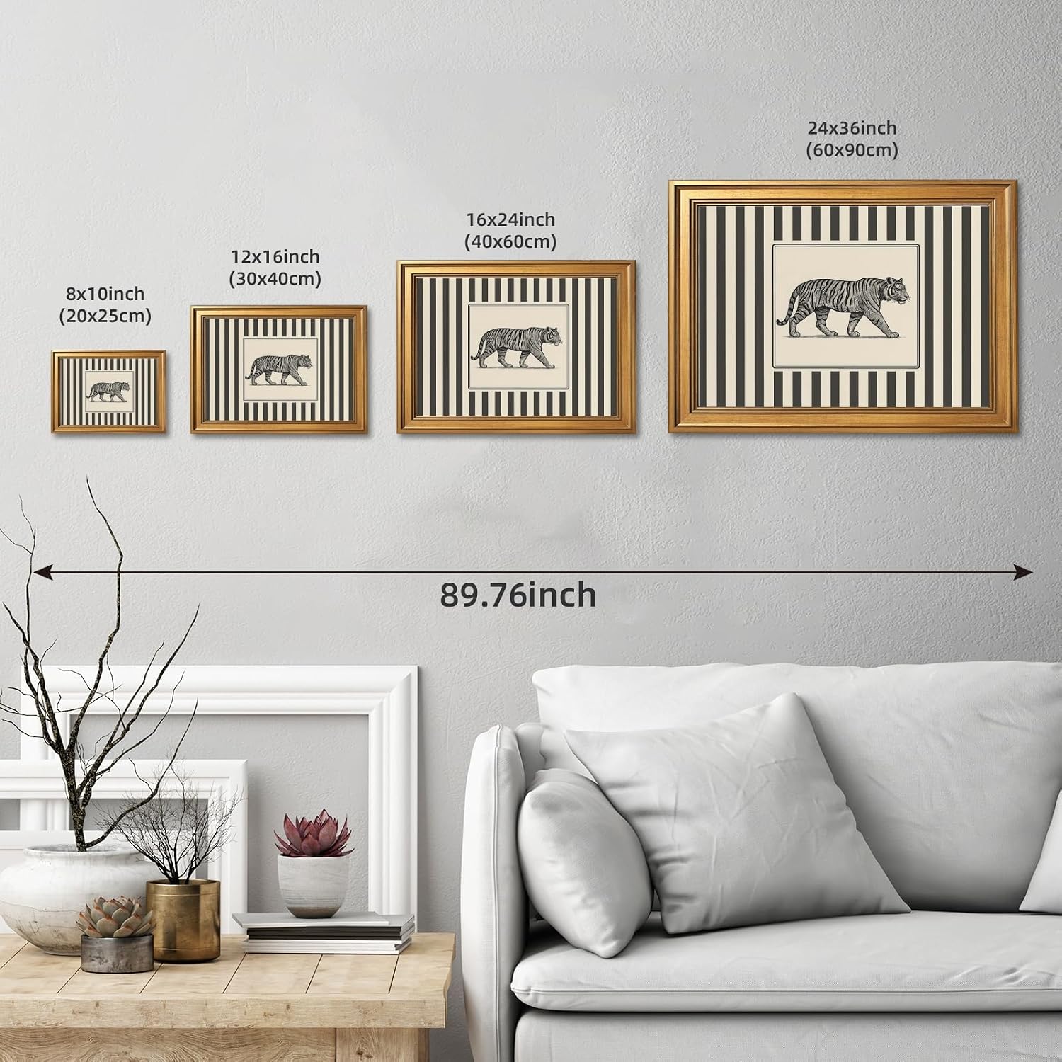 Gold Framed Vintage Tiger Wall Art Black and White Striped Wild Animal Poster Retro Jungle Big Cat Wildlife Canvas Print Botanical Safari Minimalist Exotic Artwork for Home Office Decor 20x30inch