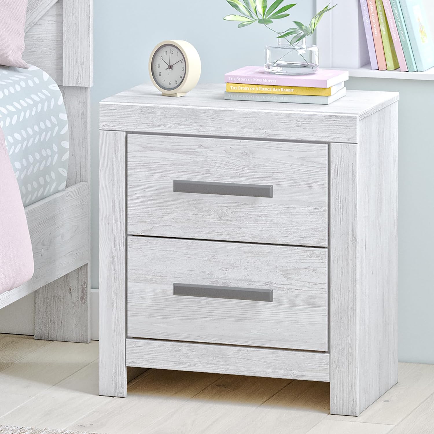 Signature Design by Ashley Cayboni Casual Nightstand with Framed Front and Pilasters, 2 Storage Drawers, Large Black Handles, Wood, 24.37' High, White