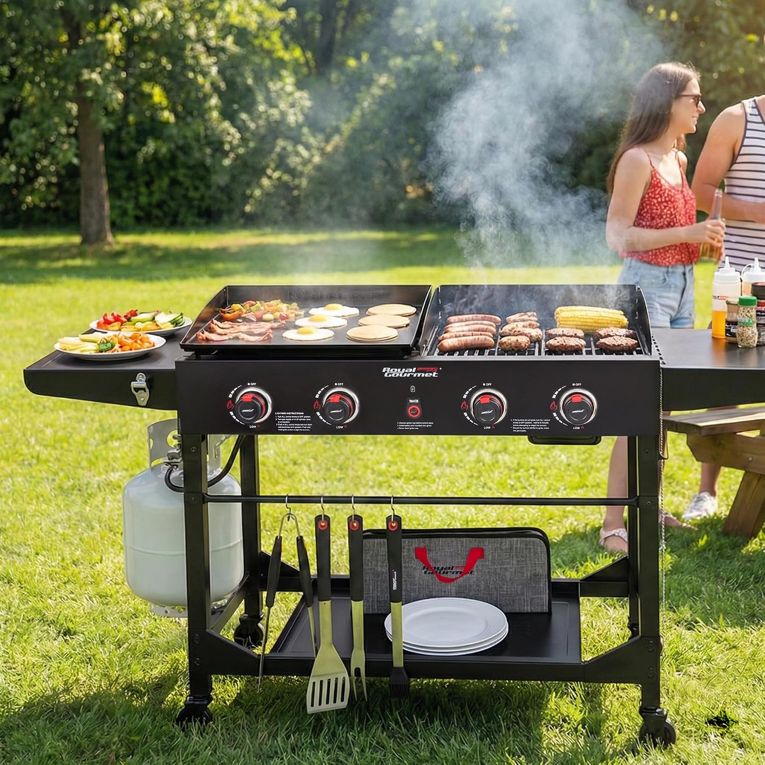 GD402 4-Burner Propane Gas Grill and Griddle Combo with Foldable Legs, 48,000 BTUs, Portable Griddle Grill Combo for Outdoor Cooking While Camping or Tailgating, Black