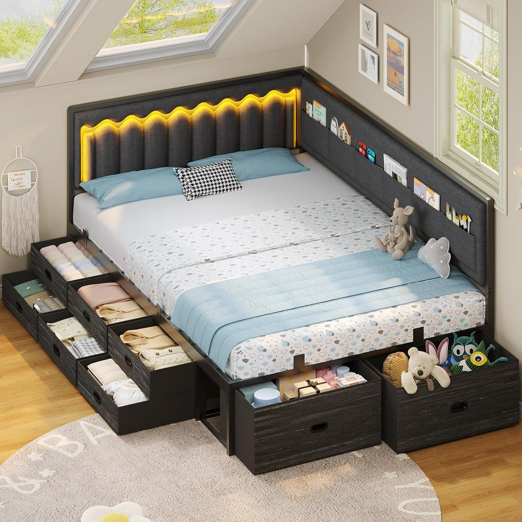 ADORNEVE Full Corner Bed Frame with 8 Drawers, 6 Storage Pockets, Full Daybed with Storage and RGB Wave Lights, Platform Bed with L-Shaped Upholstered Guardrail for Kids Teen,Grey