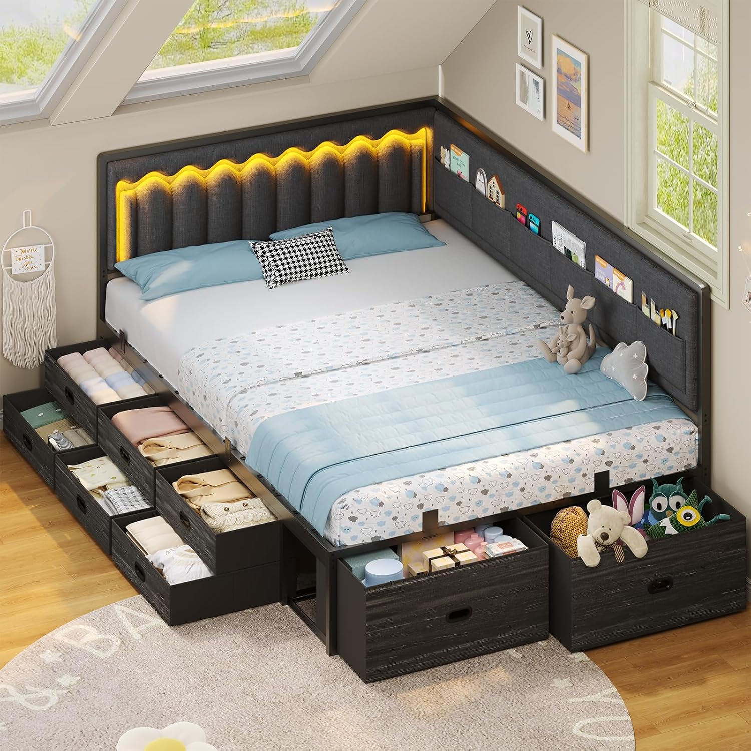 ADORNEVE Full Corner Bed Frame with 8 Drawers, 6 Storage Pockets, Full Daybed with Storage and RGB Wave Lights, Platform Bed with L-Shaped Upholstered Guardrail for Kids Teen,Grey