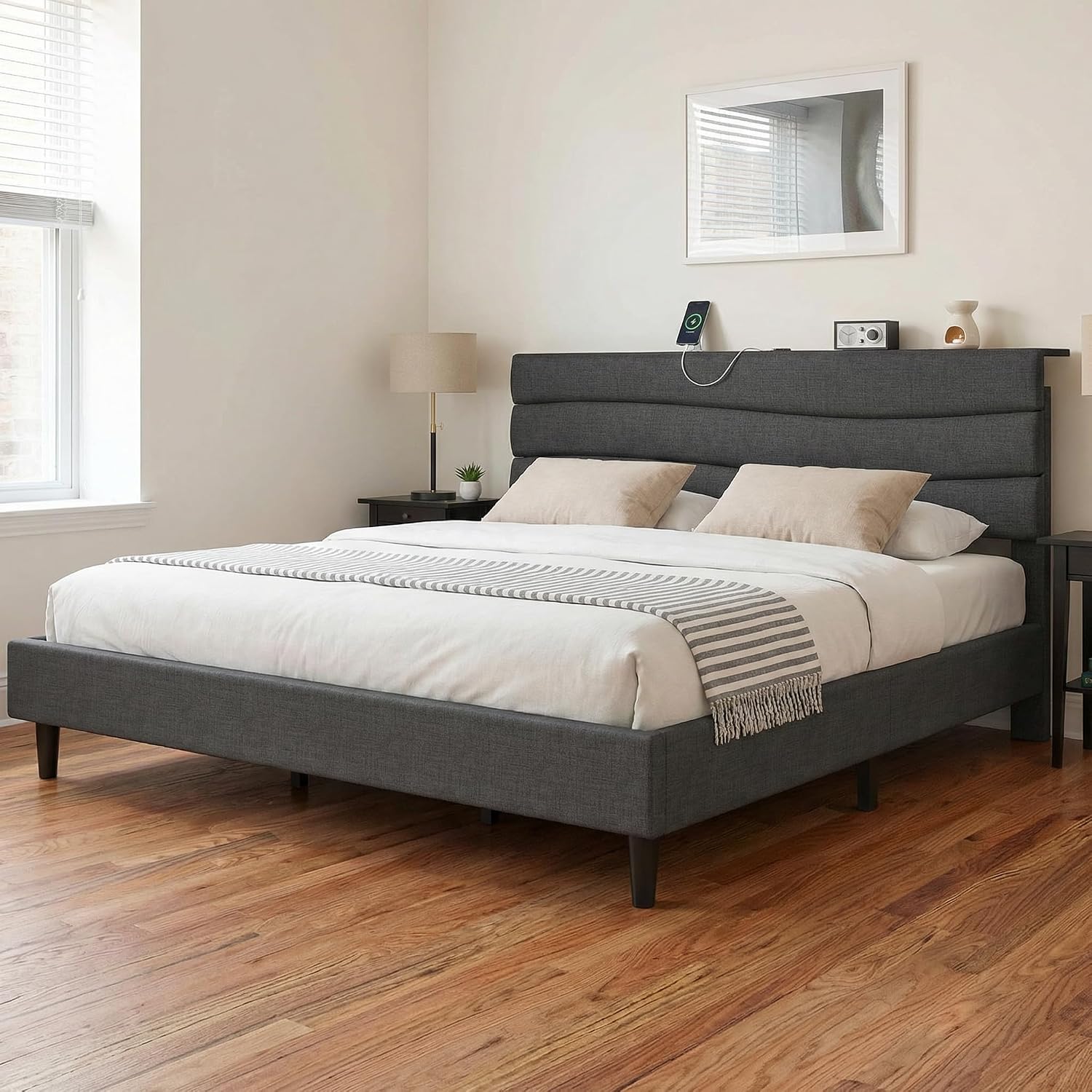 EnHomee King Bed Frame with Adjustable Height Upholstered Headboard, 3 USB Charging Ports, Noise-Free Platform Bed, No Box Spring Needed, Grey