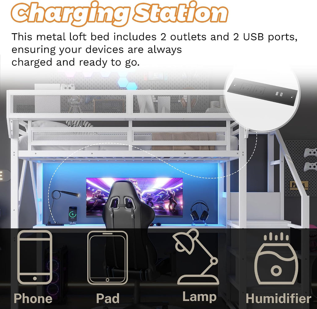 Metal Loft Bed with Desk and RGB LED Lights, Full Size Loft Bed with Stairs and Charging Station,Kids Loft Beds with Storage Shelves for Upper and Wardrobe,Loft Beds Frame for Kids Teens, White