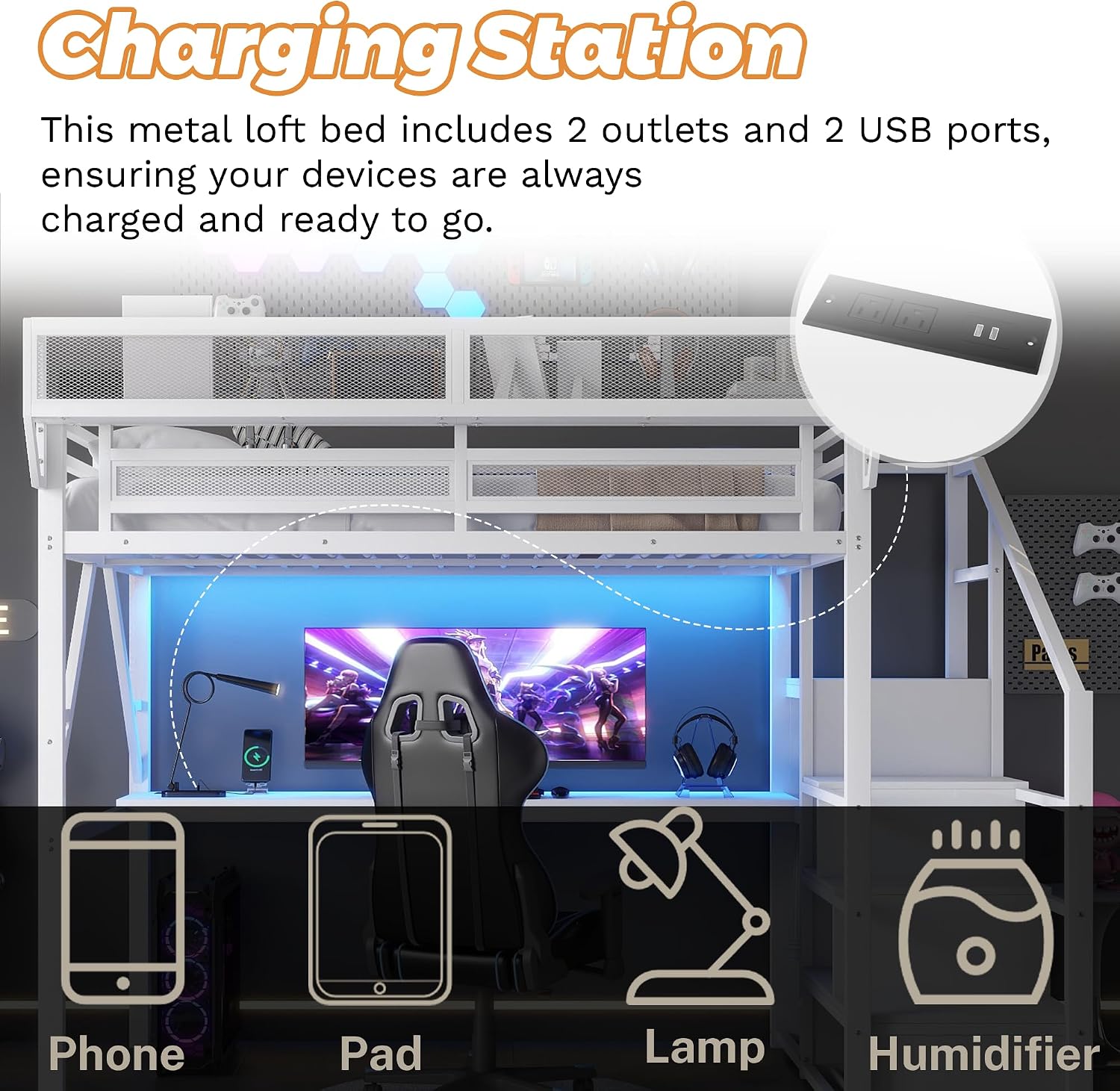 Metal Loft Bed with Desk and RGB LED Lights, Full Size Loft Bed with Stairs and Charging Station,Kids Loft Beds with Storage Shelves for Upper and Wardrobe,Loft Beds Frame for Kids Teens, White