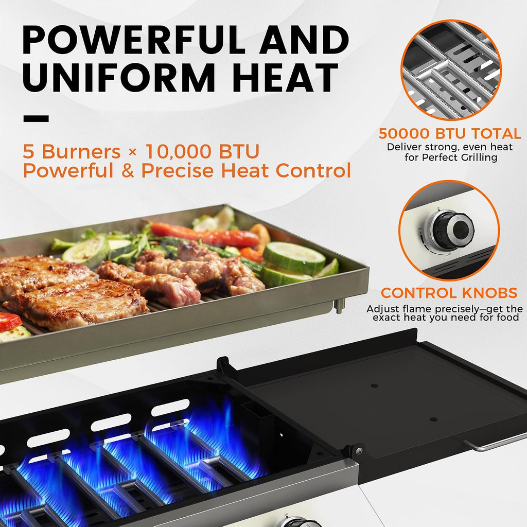 3-Burner Propane Grill, 34,000 BTU Outdoor Flat Top Propane Gas Griddle Grill with 540 Sq In Cooking Area, Rolling Wheels, Folding Side Shelves & Cover for Camping, Backyard BBQ (5 Burner)