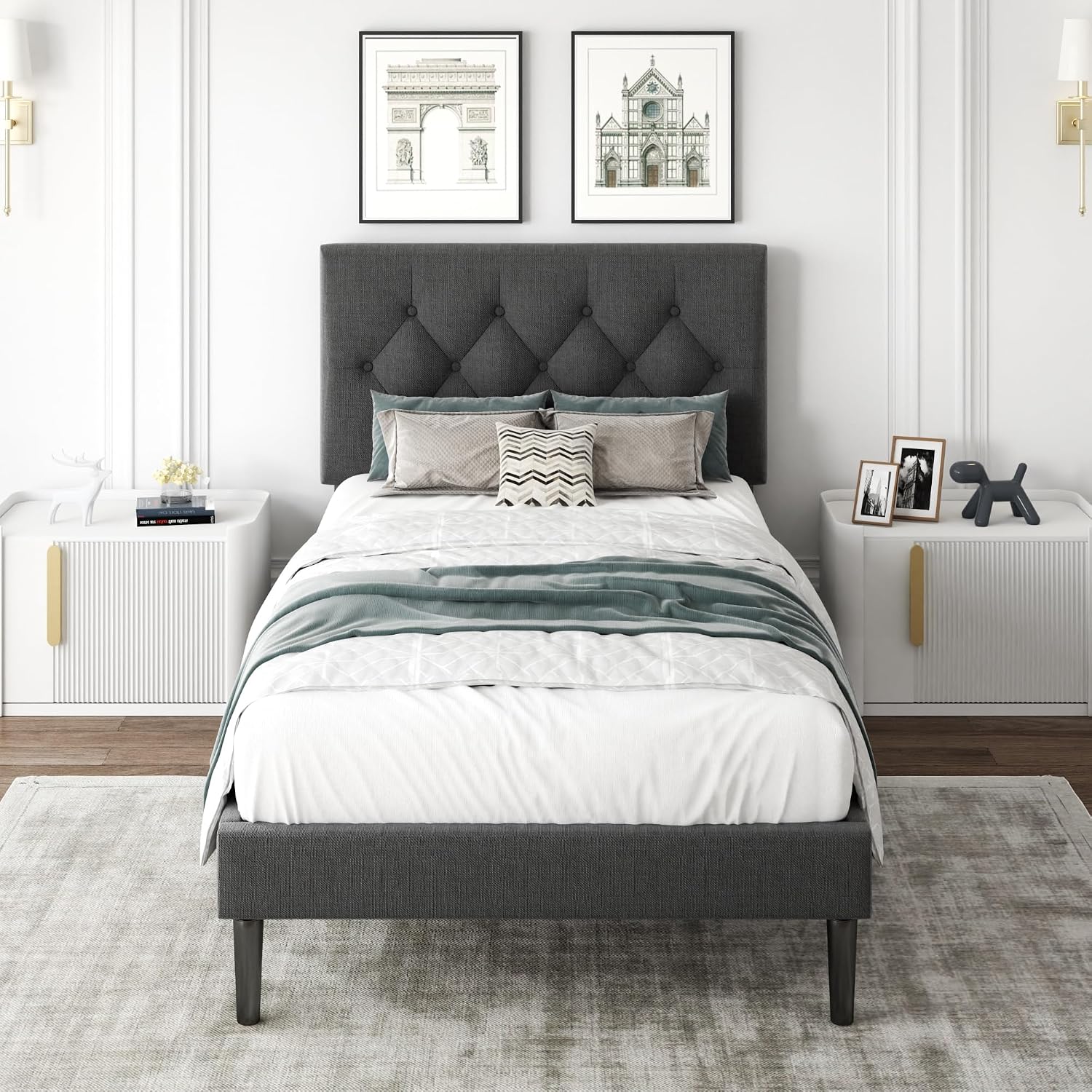 CXVX Twin Size Platform Bed Frame with Upholstered Headboard, Button Tufted Design, Strong Wooden Slats, No Box Spring Needed, Easy Assembly, Noise Free