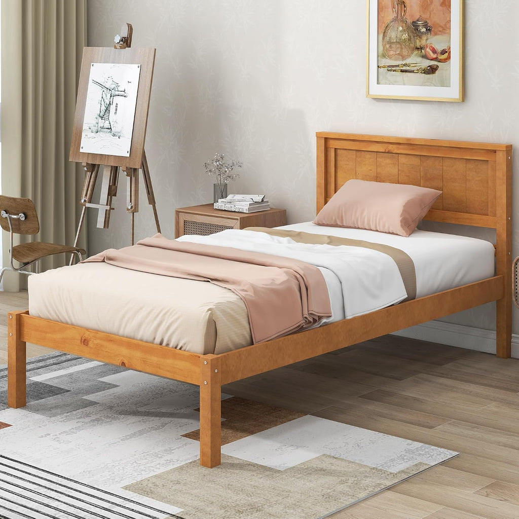 Merax Wood Platform Bed with Headboard, Platform Bed with Wood Slat Support, No Box Spring Needed,Twin Size,Oak Color