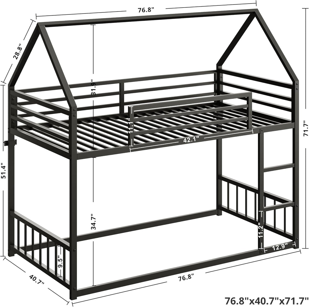 LIKIMIO Bunk Bed Twin Over Twin, House Bunk Bed Frame with Ladder and Guardrail, House Shaped with Metal Slats for Dormitory and Bedroom, Space Saving, No Box Spring Needed, Black