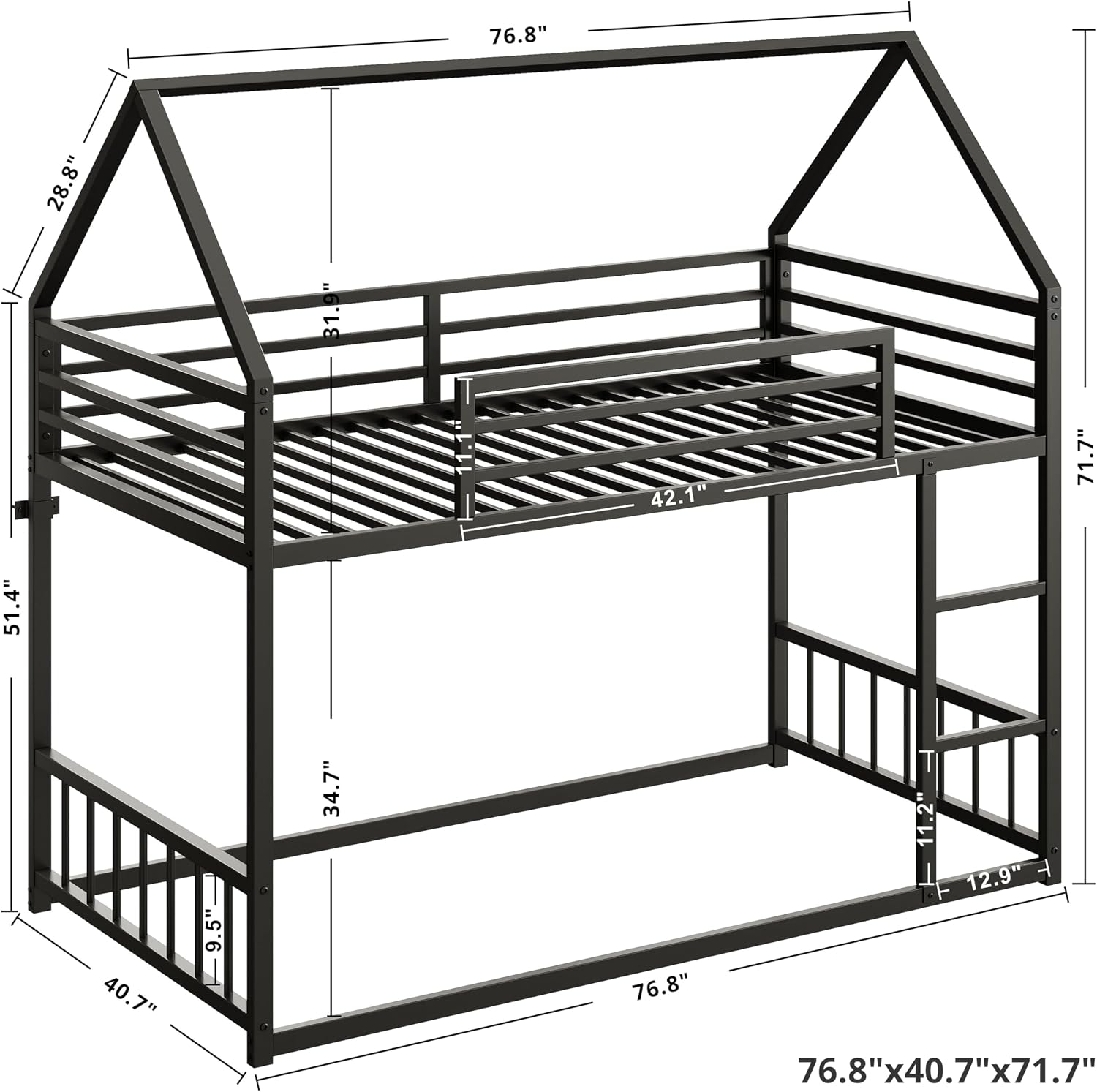 LIKIMIO Bunk Bed Twin Over Twin, House Bunk Bed Frame with Ladder and Guardrail, House Shaped with Metal Slats for Dormitory and Bedroom, Space Saving, No Box Spring Needed, Black