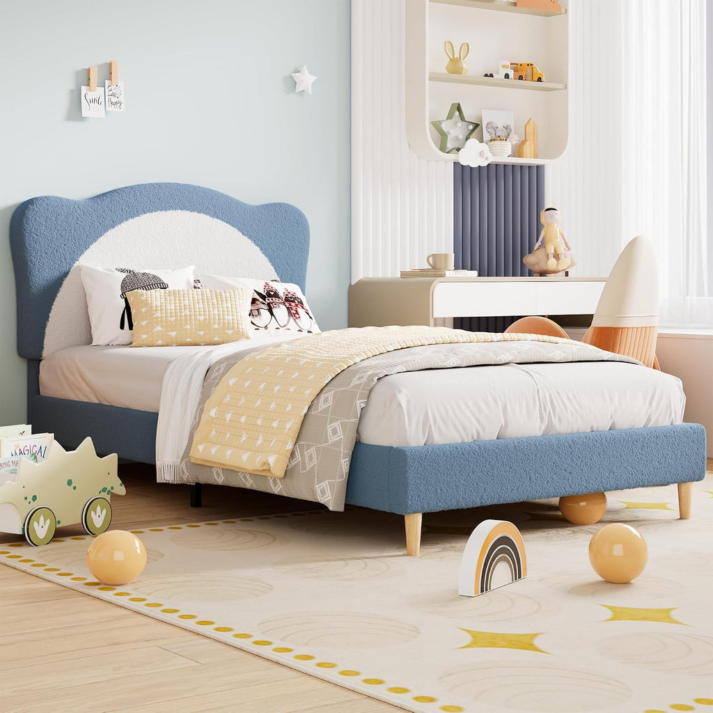 GarveeHome Twin Size Bed Frame for Kids - Cute Velvet Princess Platform Bed with Upholstered Headboard for Girls/Boys, Solid Wood Slats Support, No Box Spring Needed, Blue + White