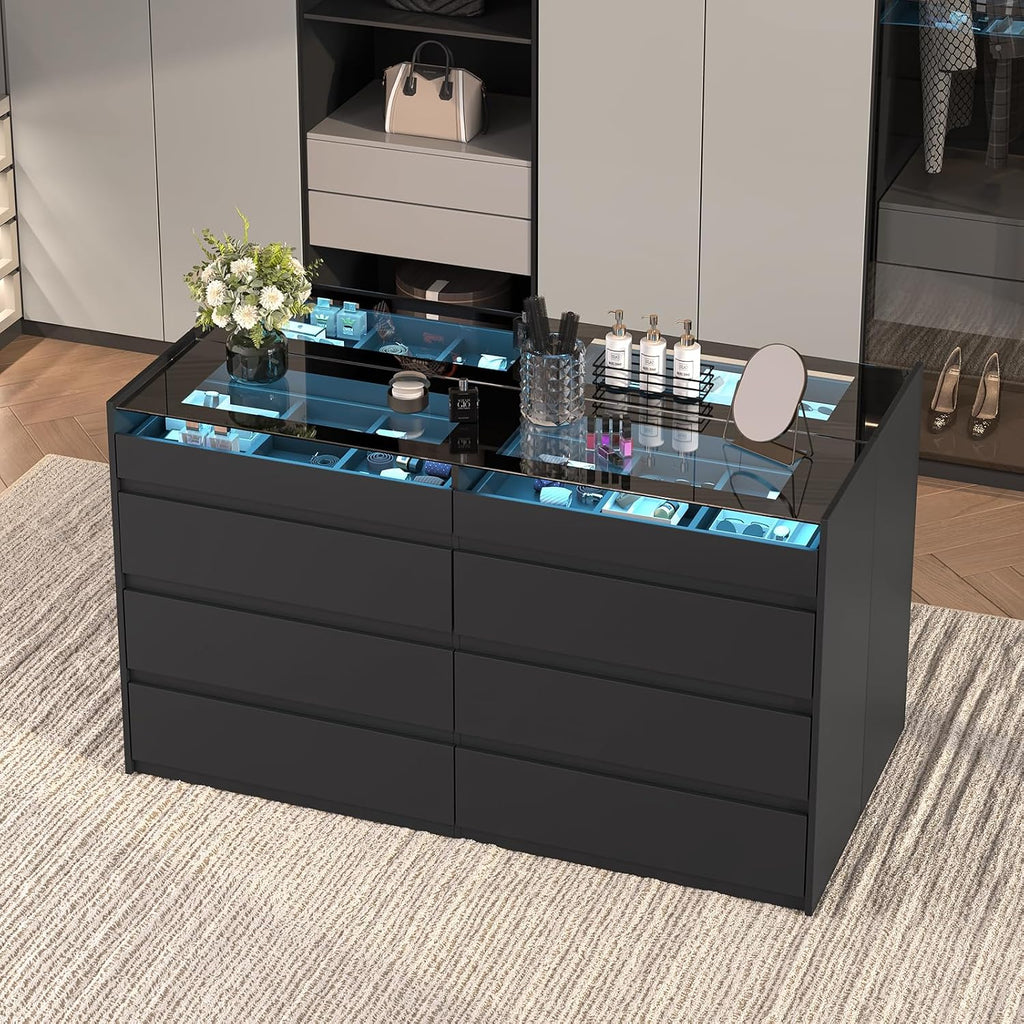 Black 8 Drawer Dresser for Bedroom, Modern Chest of Drawers, Jewelry Dresser Display with Glass Top and LED Light, Dressers Organizer for Bedroom, Closet, Living Room