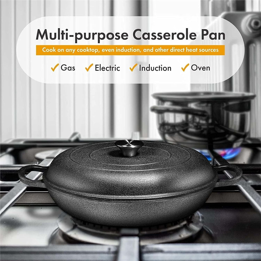 Casserole Dish Heavy Duty Cast Iron Casserole Braiser-Pan with Cover Oven Black Cookware for Versatile Cooking