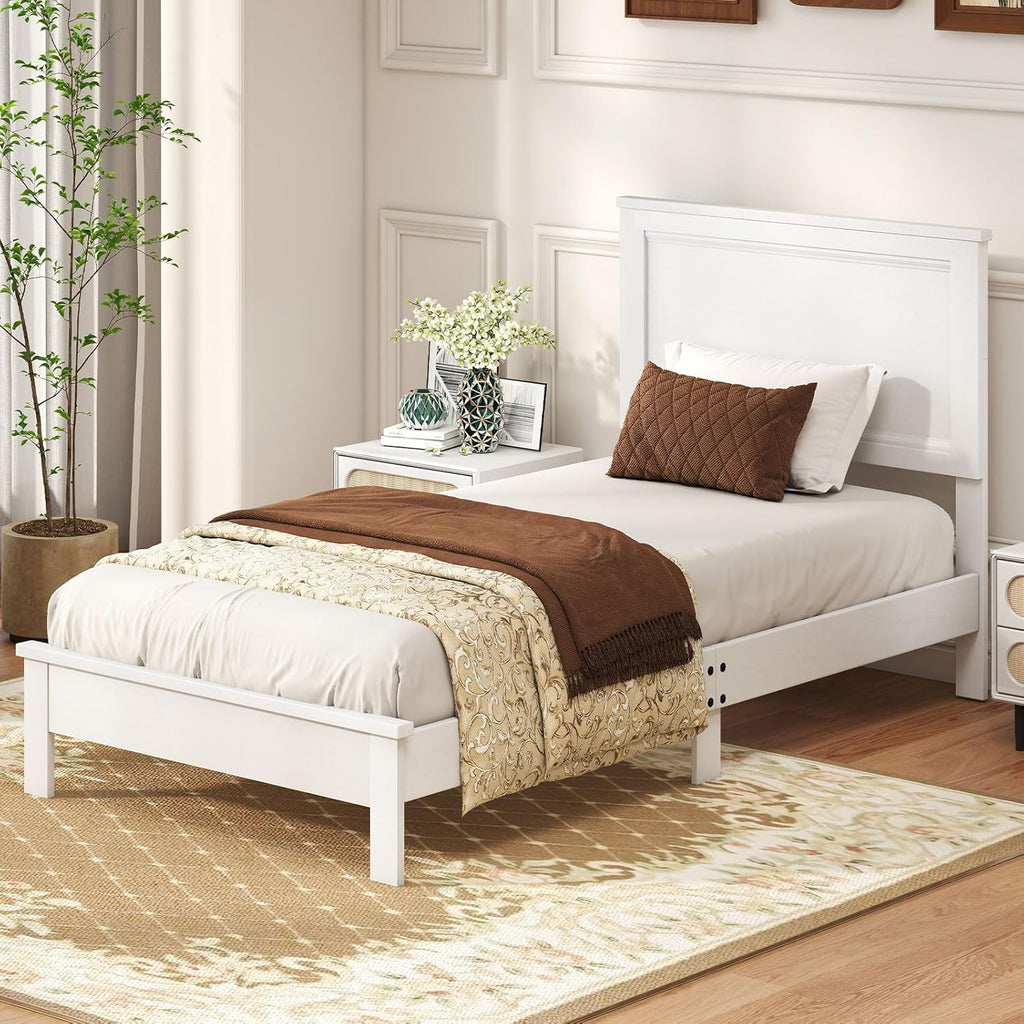 GOFLAME Twin Size Wood Bed Frame, Mid-Century Modern Platform Bed with Headboard, Solid Wood Legs, Mattress Foundation with 12 Wooden Slats, No Box Spring Needed, White