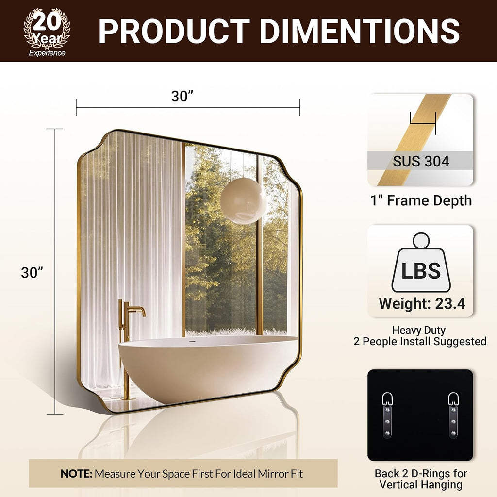 ANDY STAR 30'x30' Square Bathroom Mirror, Brushed Gold Scalloped Mirror for Wall, Antique Brass Mirror with Designer-Crafted Rounded Notched Corners, Ideal for Home Remodel