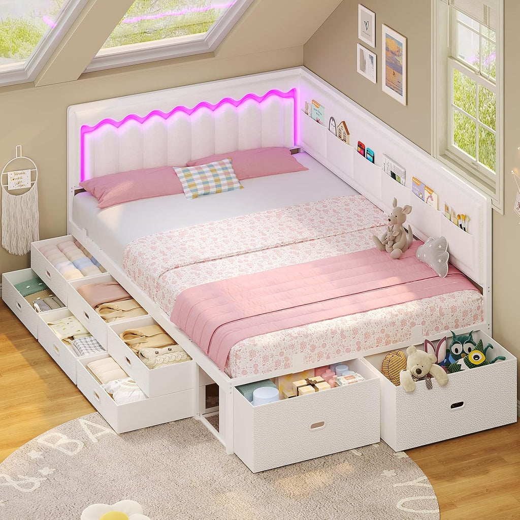 ADORNEVE Full Corner Bed Frame with 8 Drawers, 6 Storage Pockets, Full Daybed with Storage and RGB Wave Lights, Platform Bed with L-Shaped Upholstered Guardrail for Kids Teen,White