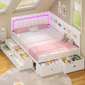 ADORNEVE Full Corner Bed Frame with 8 Drawers, 6 Storage Pockets, Full Daybed with Storage and RGB Wave Lights, Platform Bed with L-Shaped Upholstered Guardrail for Kids Teen,White