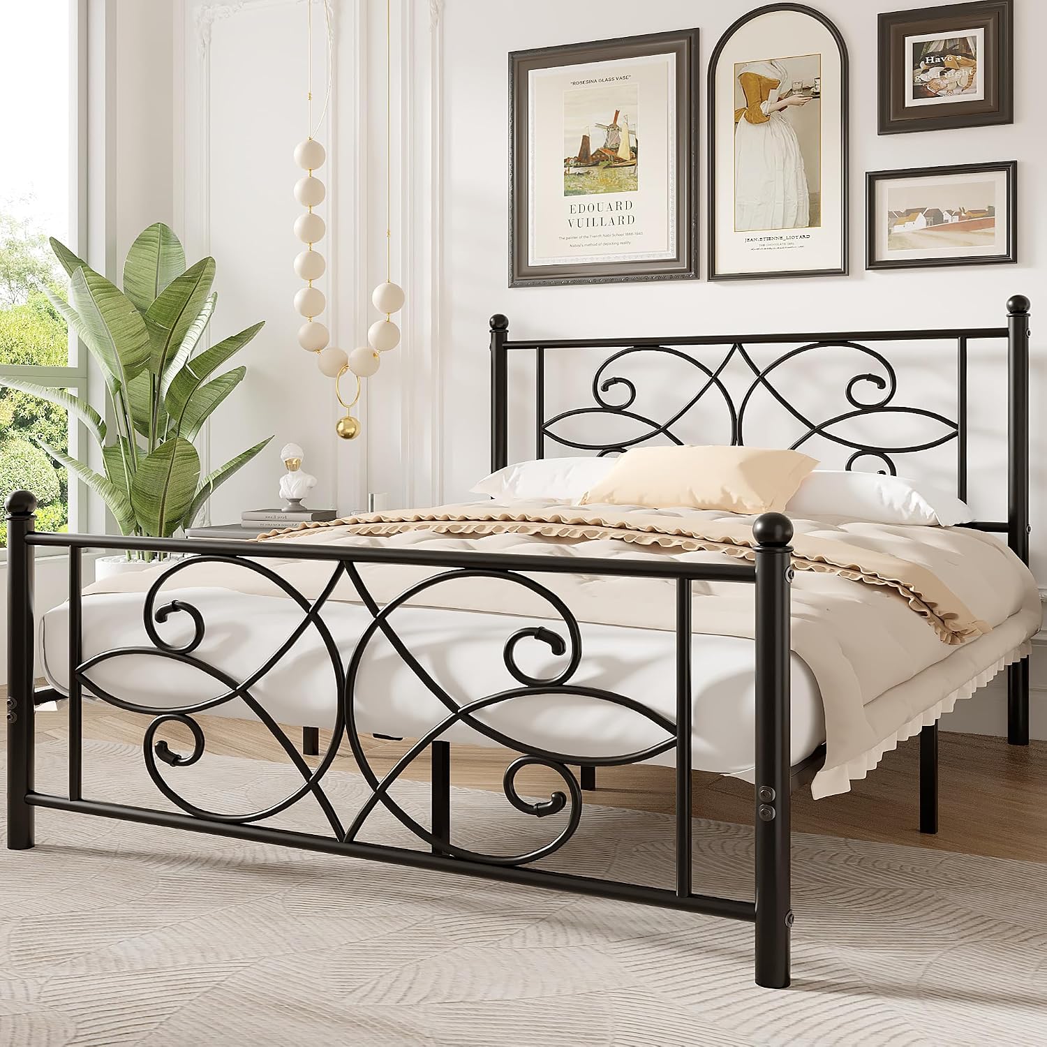 VECELO Queen Size Bed Frame Metal Platform Bed with Headboard and Footboard, Heavy Duty Mattress Foundation, No Box Spring Needed, Easy Assembly, Black