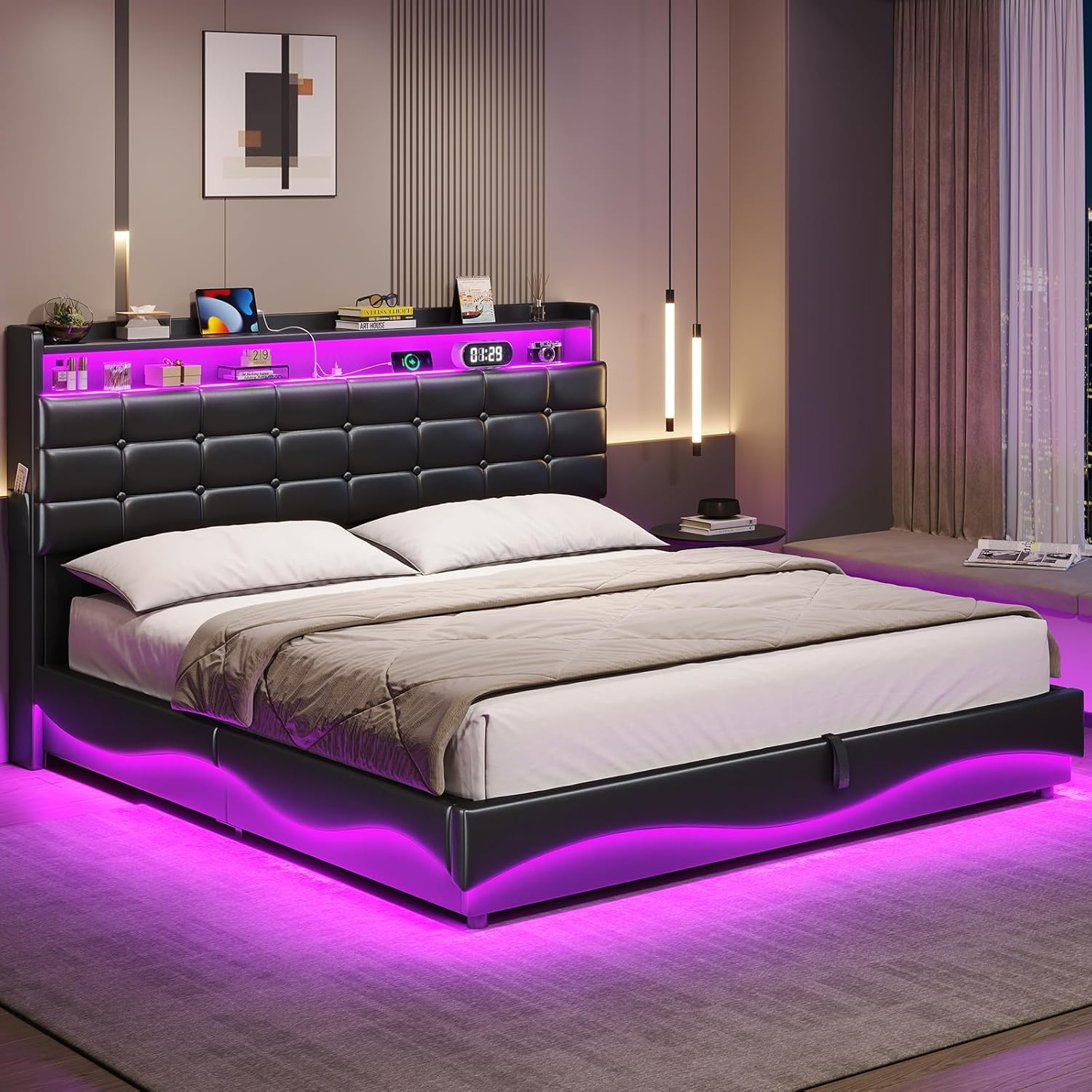 BTHFST Full Size Bed Frame with Lift Up Storage, Power Outlet & RGB Lights, Headboard with Hidden Storage Cubby, PU Leather Upholstered Platform Bed, No Box Spring Needed, PU Black
