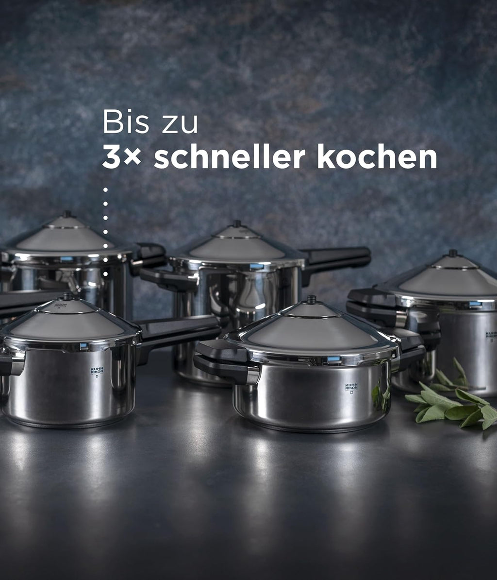 Kuhn Rikon DUROMATIC® Pressure Cooker 11' 8.45 qt family of 6 wide base for better braising, Stainless