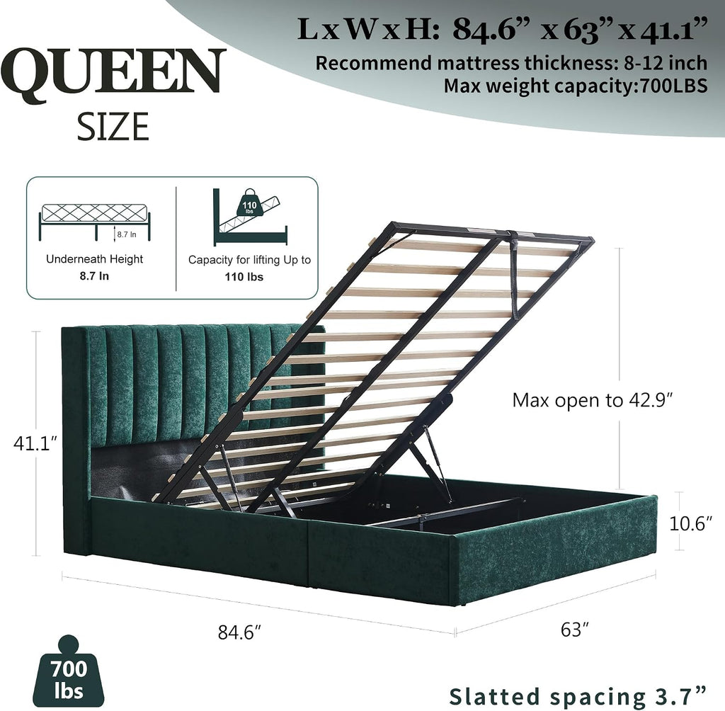 YUHUASHI Queen Size Hydraulic Storage Bed, Upholstered Platform Bed Frame, Modern Wingback Design Headboard, Velvet Fabric with Hydraulic Support Bars, No Box Spring Required (Ink Green, Queen)