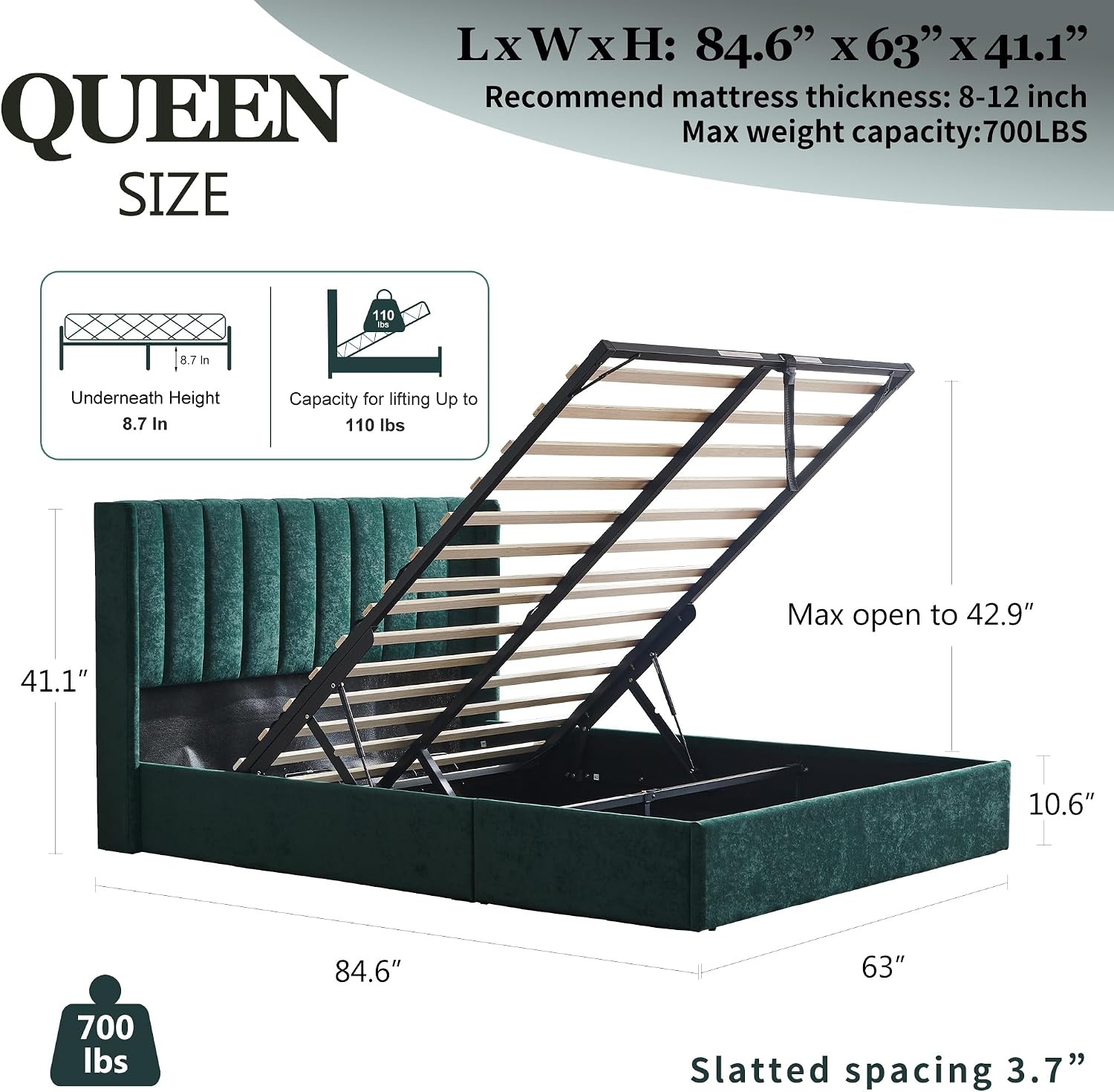 YUHUASHI Queen Size Hydraulic Storage Bed, Upholstered Platform Bed Frame, Modern Wingback Design Headboard, Velvet Fabric with Hydraulic Support Bars, No Box Spring Required (Ink Green, Queen)