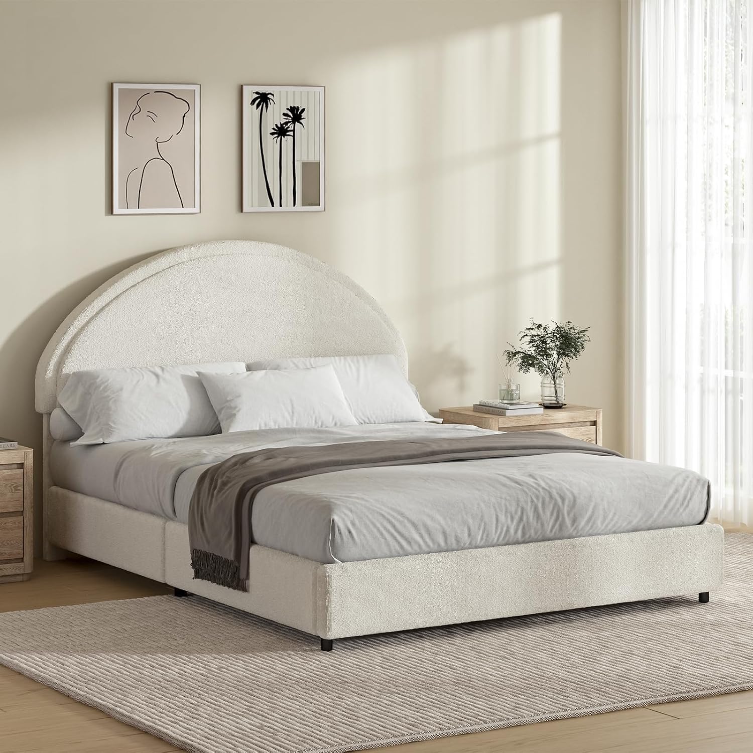 REVOMINCA Full Size Bed Frame with Round Headboard, Upholstered Platform Bed Frame, Boucle Soft Bed Frame, Modern Style, No Box Spring Required, Easy Assembly, White