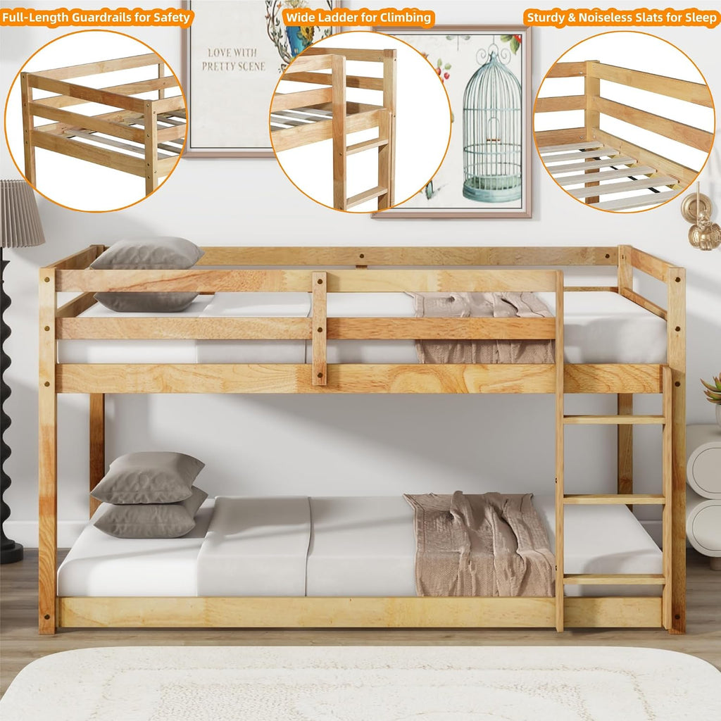 Bunk Bed Twin Over Twin, Floor Bunk Bed with Ladder, Safety Guard Rails, Heavy Duty Wooden Twin Bunk Beds Frame Low Bunkbeds No Box Spring Required, Natural