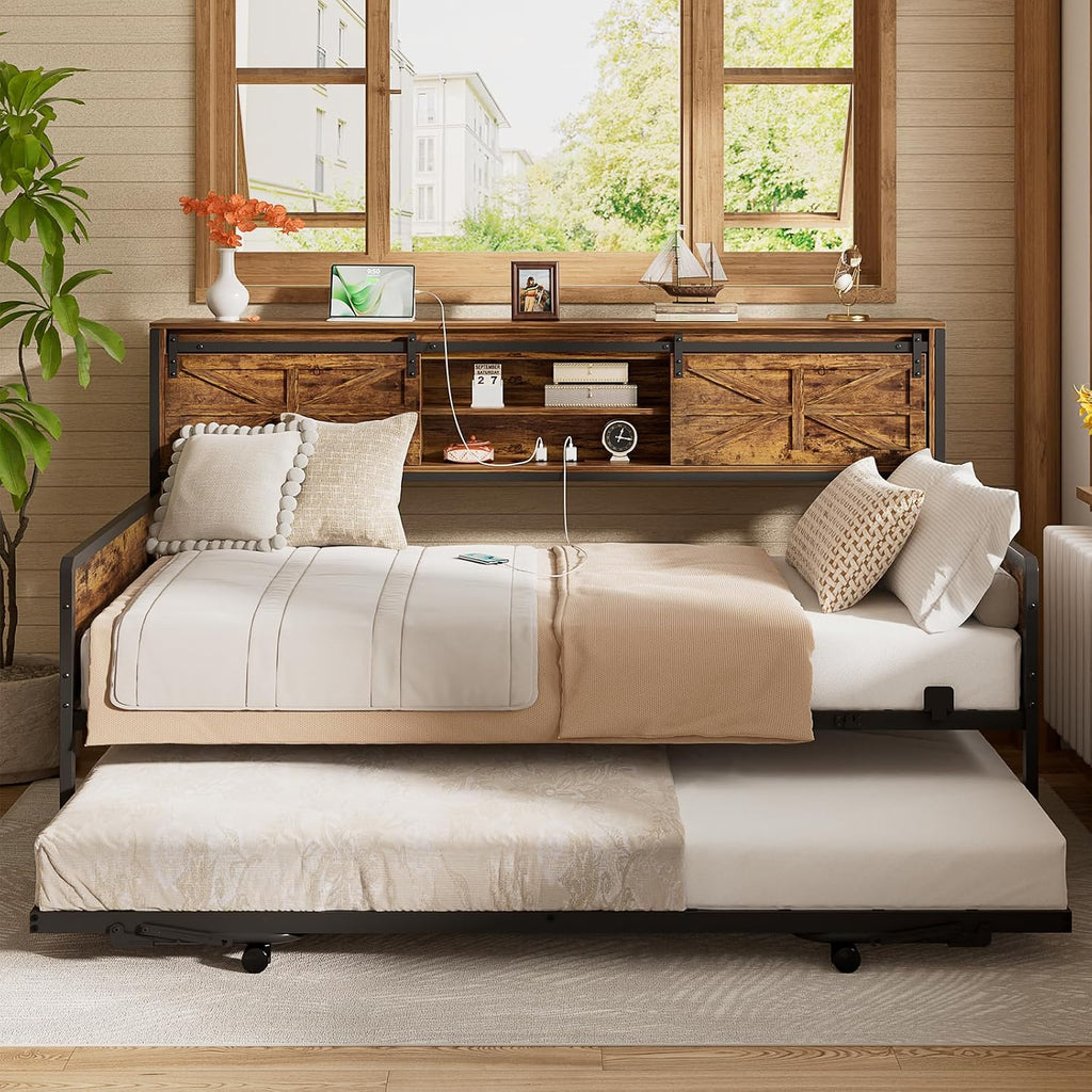 Homieasy Farmhouse Twin Daybed with Pop-Up Trundle, Metal Trundle Bed Frame with Bookcase Headboard, Charging Station & Barn Door Storage for Bedroom & Guest Room, Rustic Brown