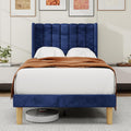 alazyhome Platform Bed Frame Twin Size with Upholstered Headboard, Solid Wood Slats Support, No Box Spring Needed, Noise Free, Easy Assembly, Modern Velvet Bed, Blue