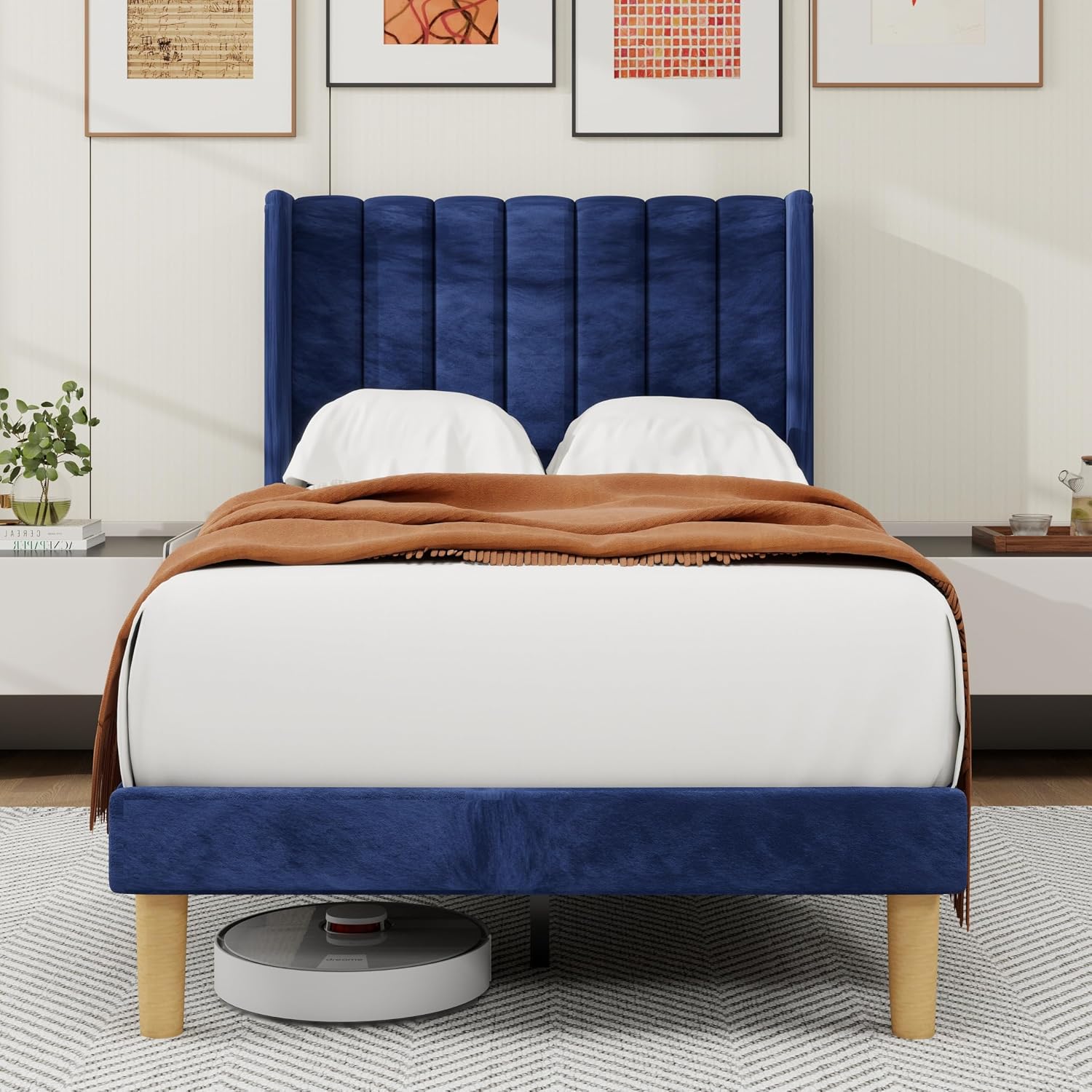 alazyhome Platform Bed Frame Twin Size with Upholstered Headboard, Solid Wood Slats Support, No Box Spring Needed, Noise Free, Easy Assembly, Modern Velvet Bed, Blue