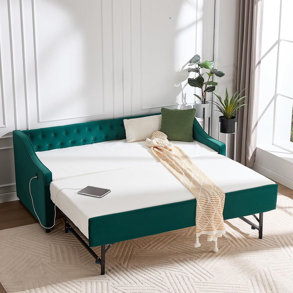 Twin to King Daybed with Trundle, USB Ports Soft Upholstered Daybed with Pop Up Trundle Bed Twin, Modern Extendable Day Bed Frame for Girls Bedroom Living Room Guest Room Small Places Dark Green