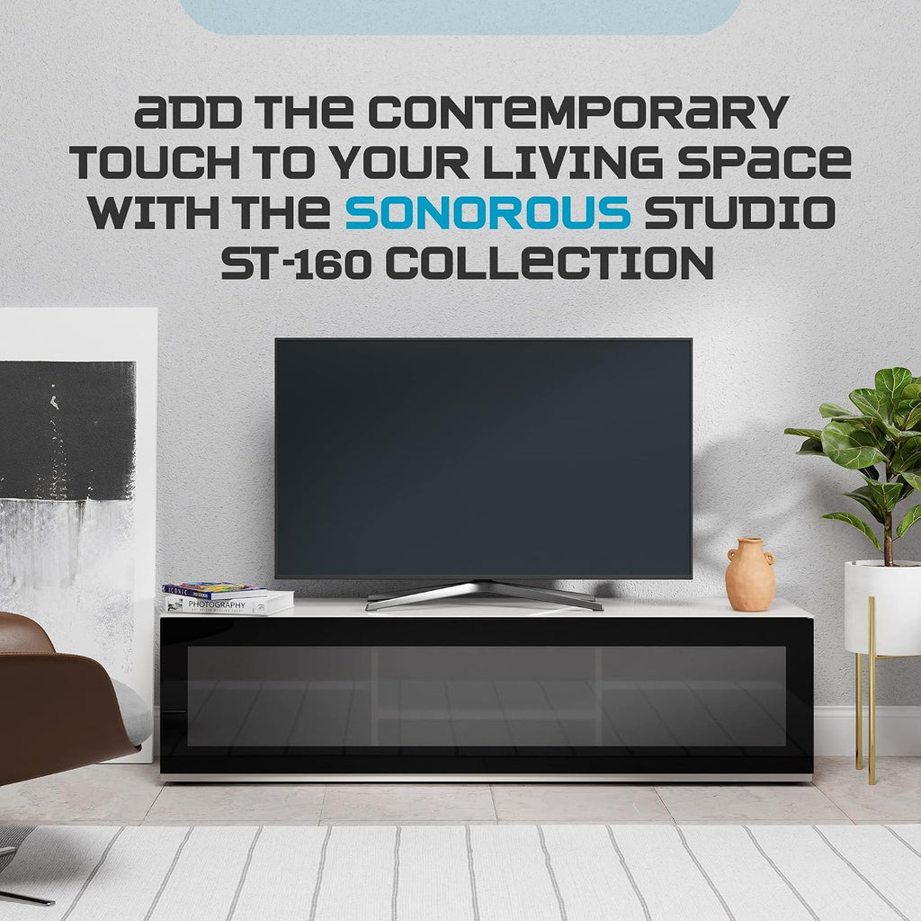 SONOROUS ST-160 Premium TV Stand with Black Glass Cover & White Wood - Luxury Entertainment Center & Media Console for Living Room - High Gloss Modern TV Cabinet up to 75 Inches - Sleek Storage Design