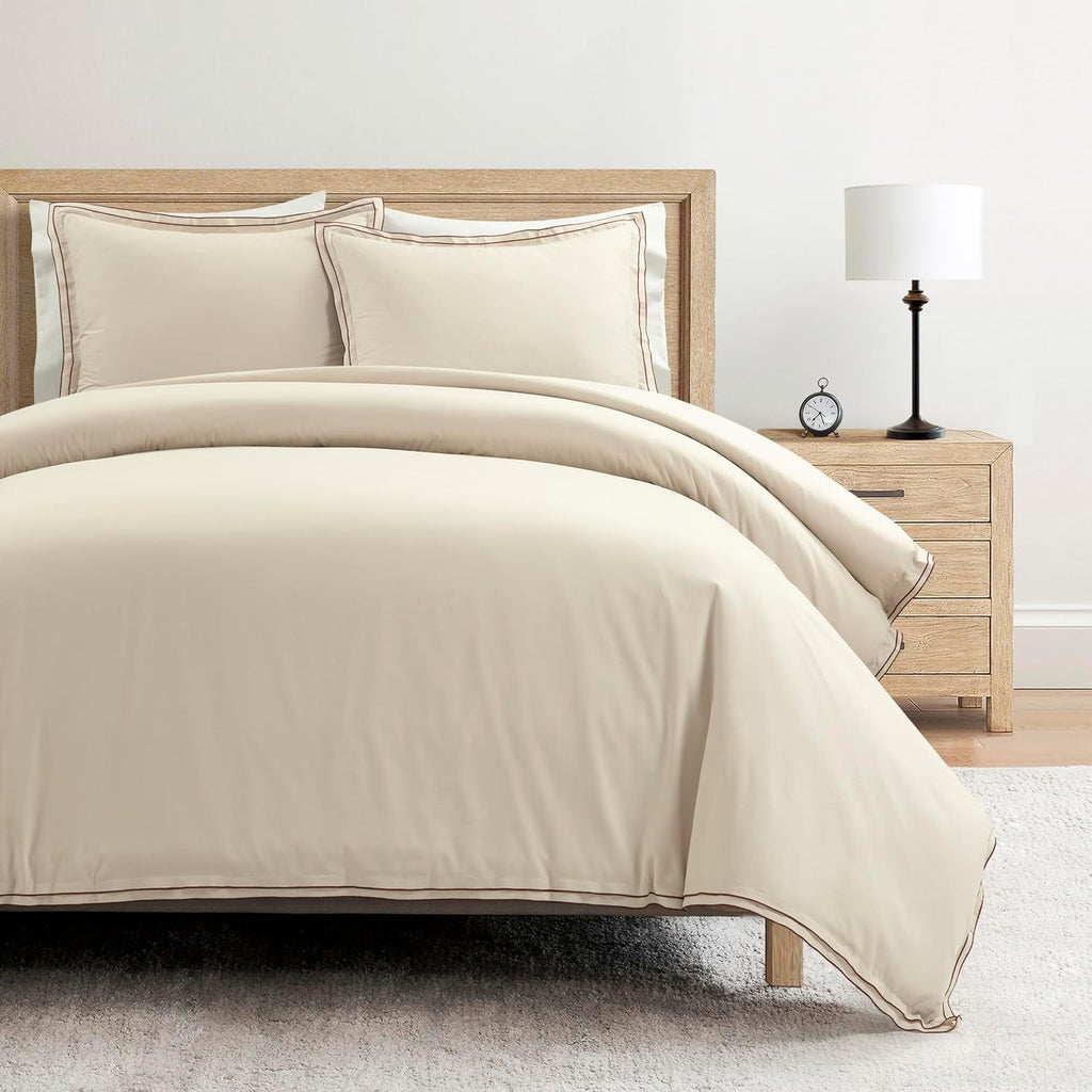 Lush Decor Hampton Double Flange Embroidered Contrast Edge Cotton Duvet Cover Set, 3 Piece Set, Full/Queen, Neutral & Copper - Luxury Hotel Bedding Set - Beige Duvet Cover - Minimalist Decor