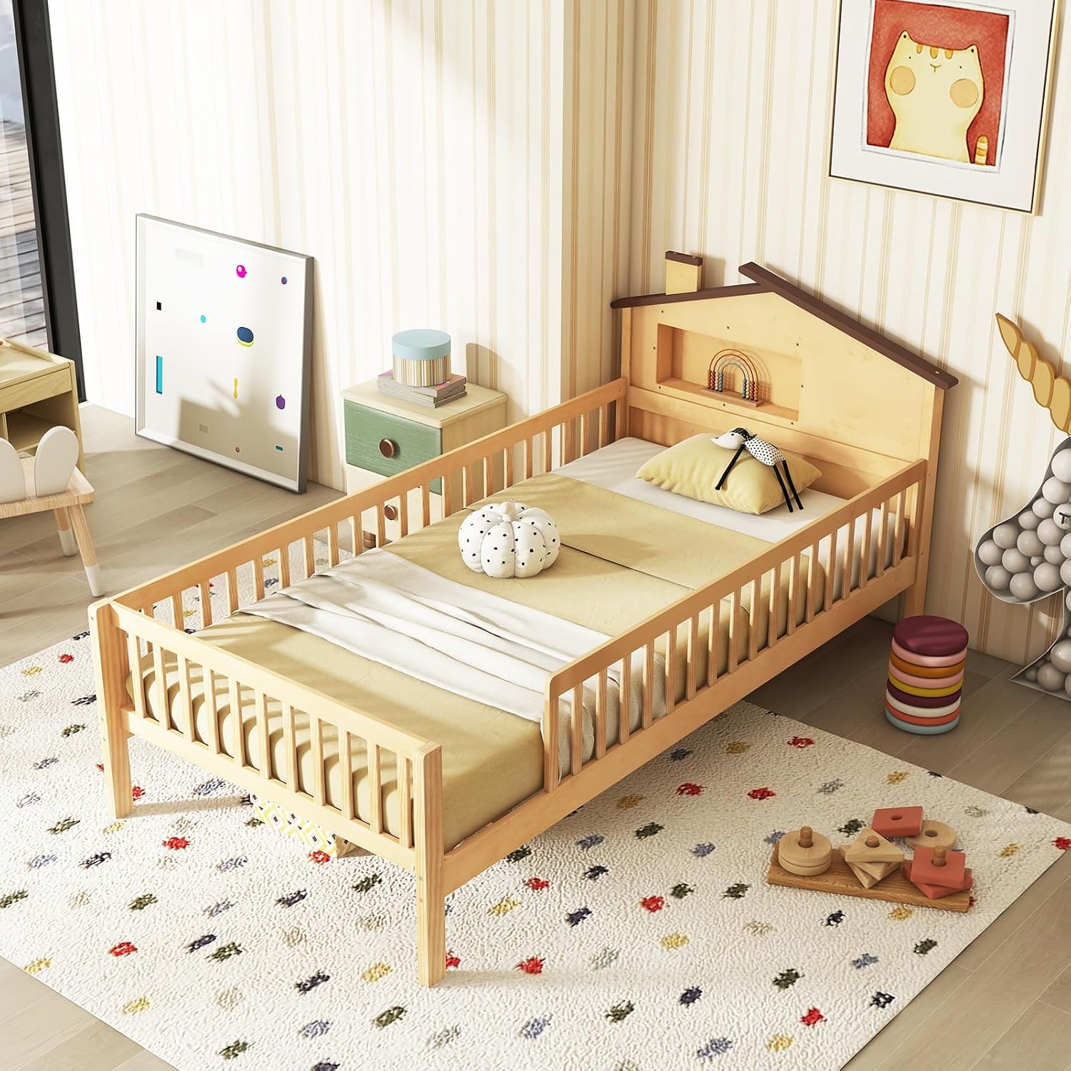 KOMFOTT Twin Bed Frame with Rails & House Shaped Headboard, Solid Wood Platform Bed with Safety Guardrails, Storage Cube & Under-Bed Storage, No Box Spring Needed, Twin Bed with Rails (Natural)