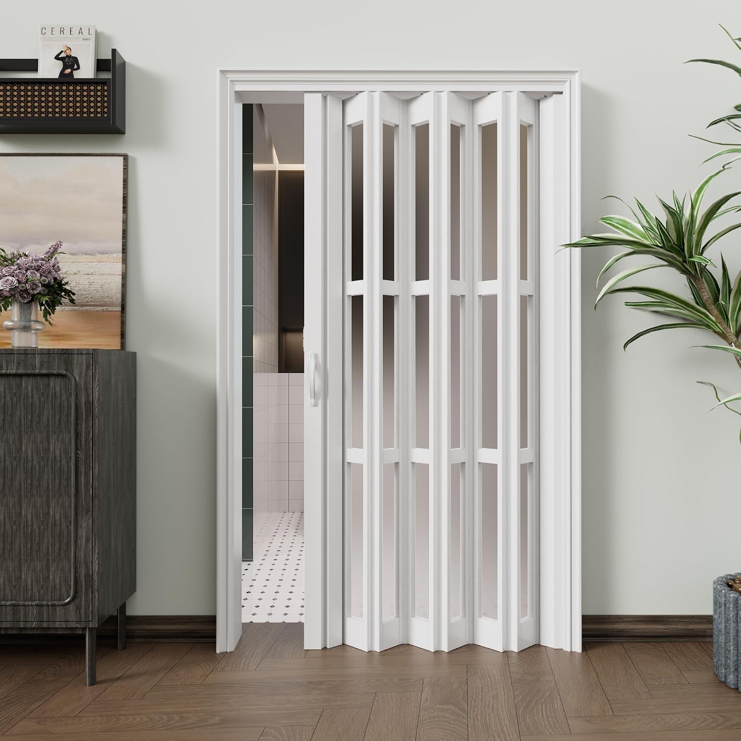 Enhanced Double-Layer Accordion Doors 24'-36' x 80', with Upgraded Roller & Handle & Complete Hardware, Interior Multifold Folding Doors for Closet & Doorway - Easy Installation
