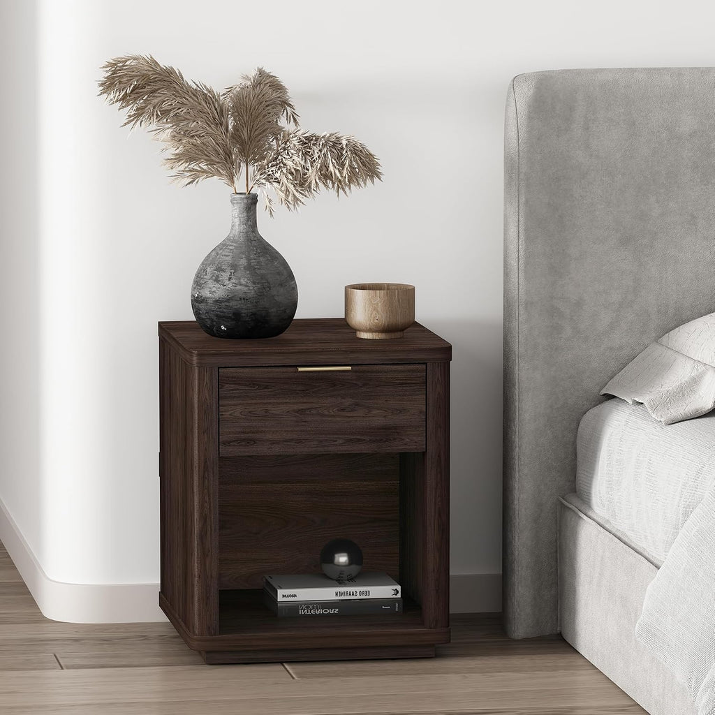 Manhattan Comfort Evelyn Nightstand with Drawer and Open Shelf, Modern Minimalist Side End Table with Raised Base, Easy Assembly Small Accent Table for Bedroom, Dorms & Living Room in Brown